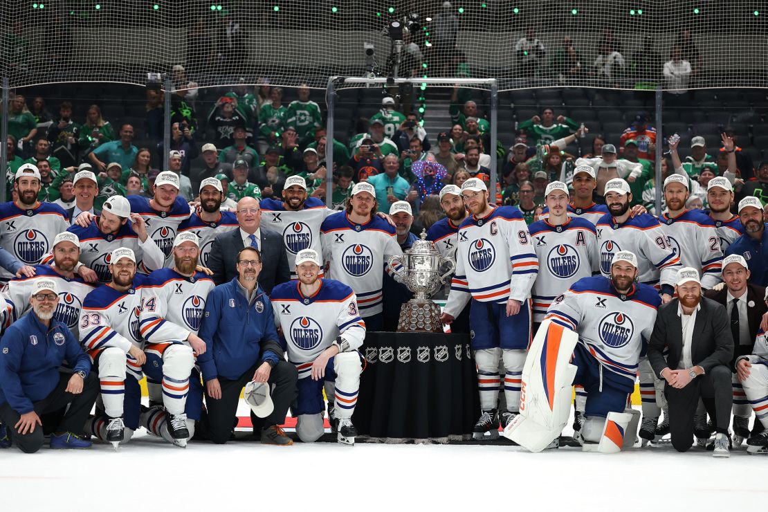 The Edmonton Oilers pose with the Clarence S. Campbell Bowl after securing a spot in their second straight Stanley Cup Final.