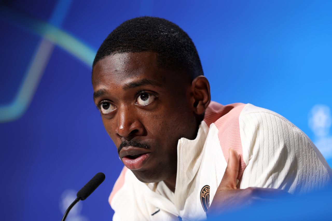Ousmane Dembélé speaks to the media on Friday.
