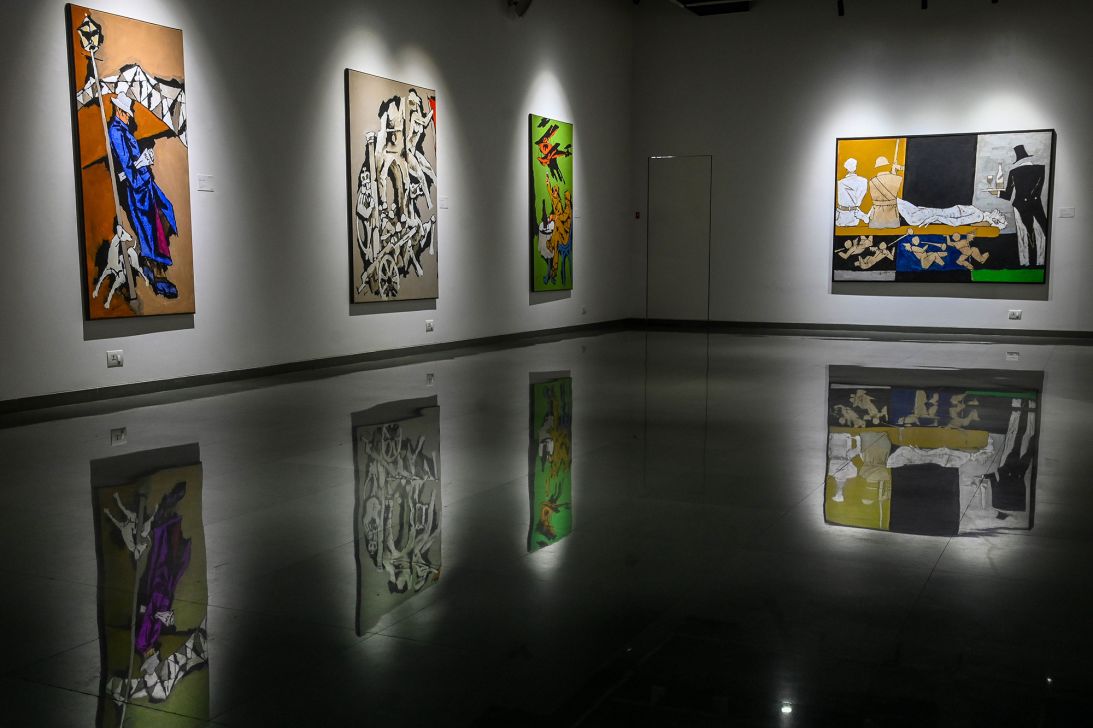 Four of 25 rediscovered Husain paintings — whose auction prompted threats from a Hindu nationalist group — on show at Pundole Gallery in Mumbai ahead of the controversial sale.