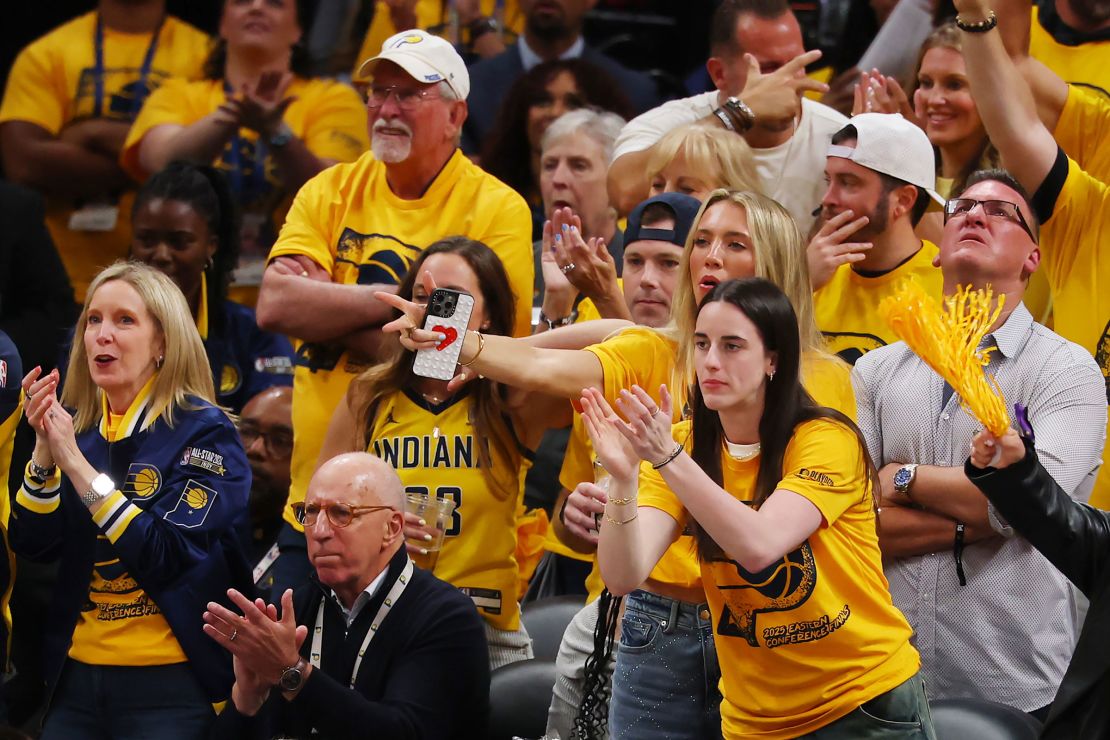 Lexie Hull and Caitlin Clark of the Indiana Fever attend Game Six of the Eastern Conference Finals of the 2025 NBA Playoffs between the New York Knicks and the Indiana Pacers at Gainbridge Fieldhouse.