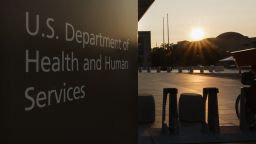 A sign is displayed outside of the US Department of Health and Human Services (HHS) headquarters at the Hubert H. Humphrey Building in Washington, DC, on June 2.
