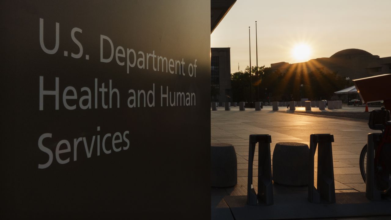 A sign is displayed outside of the US Department of Health and Human Services (HHS) headquarters at the Hubert H. Humphrey Building in Washington, DC, on June 2.