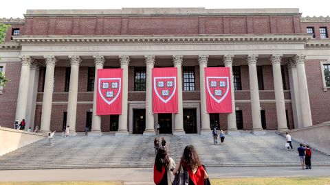 Harvard University students with graduation gowns at the Widener Library on the Harvard Campus in Cambridge, Massachusetts on Wednesday, June 4, 2025.