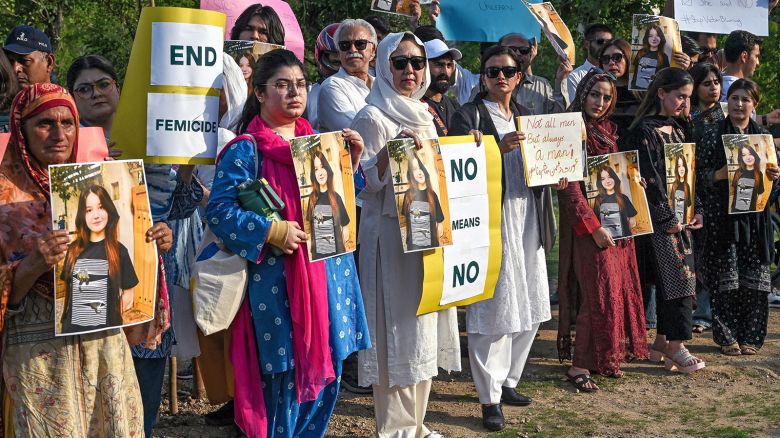 Women activists holding posters and photographs of TikTok influencer Sana Yousaf, who was murdered, take part in a demonstration condemning violence against women, in Islamabad on June 5, 2025.