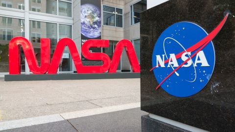 WASHINGTON, DC - JUNE 2: A NASA logo is displayed at the entrance to the Mary W. Jackson NASA Headquarters building on June 2, 2025 in Washington, DC. (Photo by Kevin Carter/Getty Images)