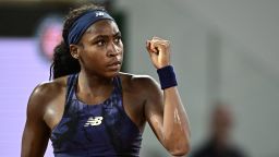 US Coco Gauff reacts after a point during her women's singles semi-final match against France's Lois Boisson on day 12 of the French Open tennis tournament on Court Philippe-Chatrier at the Roland-Garros Complex in Paris on June 5, 2025. (Photo by JULIEN DE ROSA / AFP) (Photo by JULIEN DE ROSA/AFP via Getty Images)