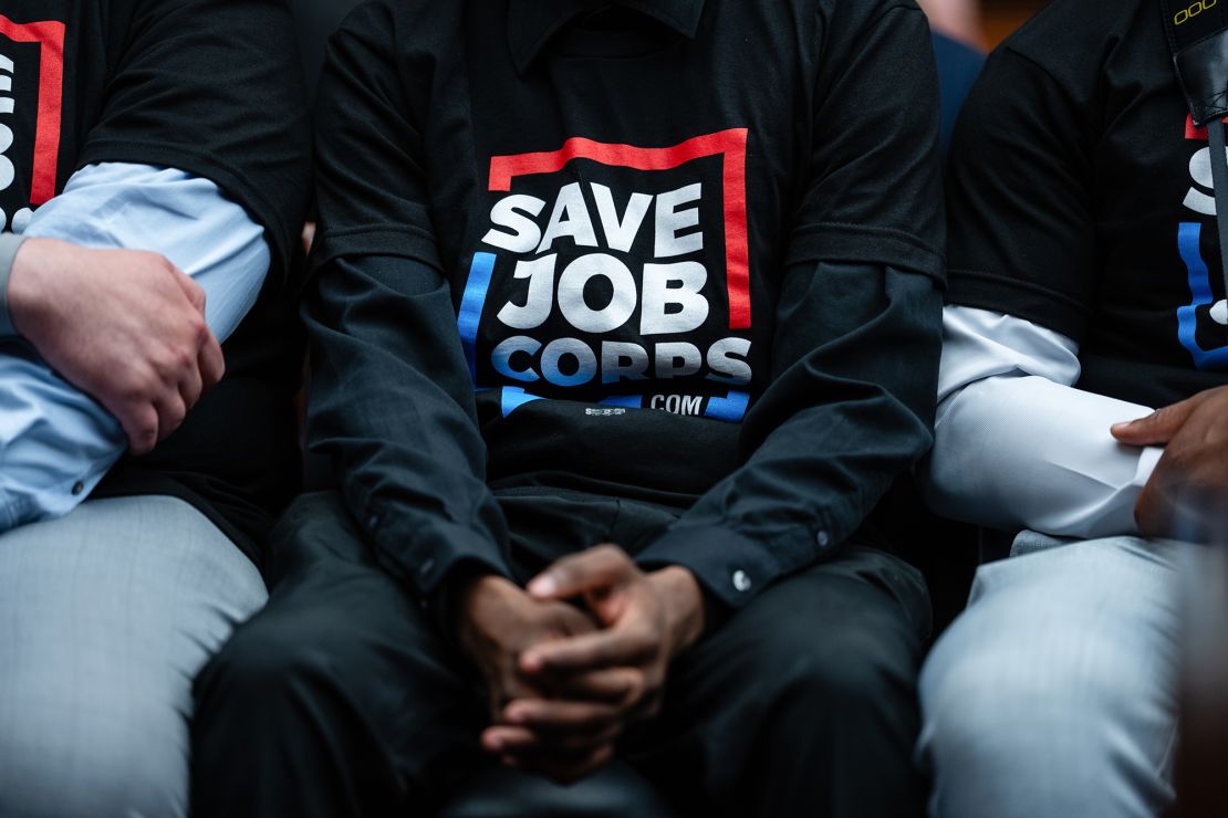 An attendee wears a Save Job Corps shirt during a House Committee on Education and Workforce hearing in Washington, DC, on June 5.