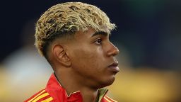 Spain's forward #19 Lamine Yamal walk on to the pitch prior to the UEFA Nations League semi-final football match between Spain and France in Stuttgart, southwestern Germany, on June 5, 2025. (Photo by FRANCK FIFE / AFP) (Photo by FRANCK FIFE/AFP via Getty Images)          