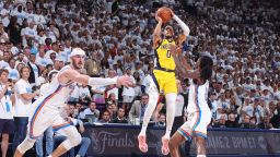 OKLAHOMA CITY, OK - JUNE 5: Tyrese Haliburton #0 of the Indiana Pacers scores the game-winning basket during the game against the Oklahoma City Thunder during Game One of the 2025 NBA Finals on June 5, 2025 at Paycom Center in Oklahoma City, Oklahoma. NOTE TO USER: User expressly acknowledges and agrees that, by downloading and or using this photograph, User is consenting to the terms and conditions of the Getty Images License Agreement. Mandatory Copyright Notice: Copyright 2025 NBAE(Photo by Nathaniel S. Butler/NBAE via Getty Images)