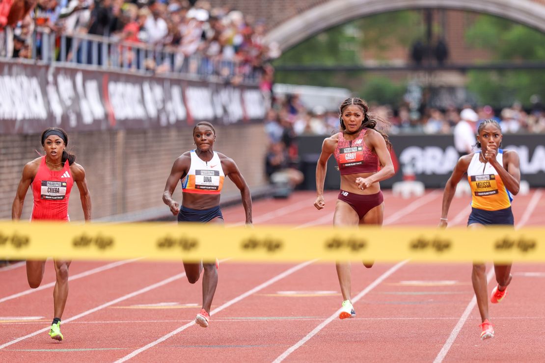 Celera Barnes, Dina Asher-Smith, Gabby Thomas and Melissa Jefferson-Wooden compete in the women's 100m race in Philadelphia, on Sunday.