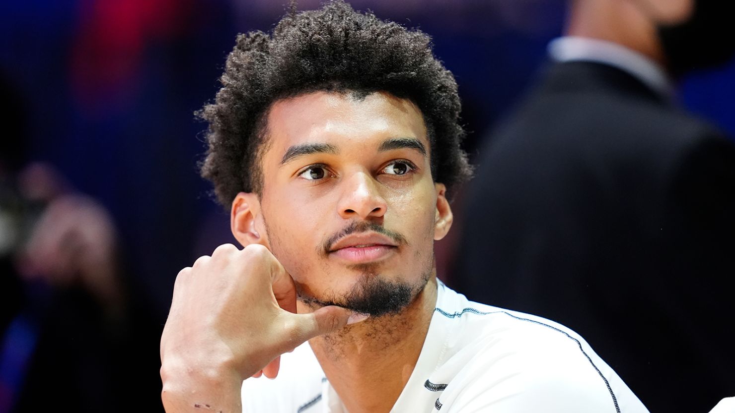 Victor Wembanyama looks on during the 2025 Women's Volleyball Nations League match between France and Belgium at National Indoor Stadium on June 6, 2025 in Beijing, China.