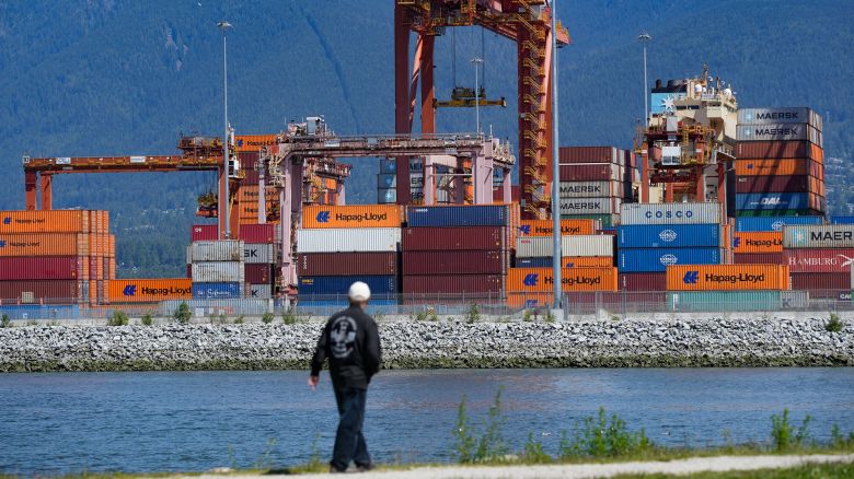 This photo taken at the Port of Vancouver shows cargo containers stacked at the Centerm container terminal, Vancouver, Canada, June 5, 2025. Canada's merchandise trade dropped in April with the trade deficit hitting a record high, Statistics Canada said Thursday. Exports dropped 10.8 percent while imports fell 3.5 percent. As a result, Canada's merchandise trade deficit with the world widened to 7.1 billion Canadian dollars 5.2 billion U.S. dollars in April. This was the largest deficit on record, said the national statistical agency.