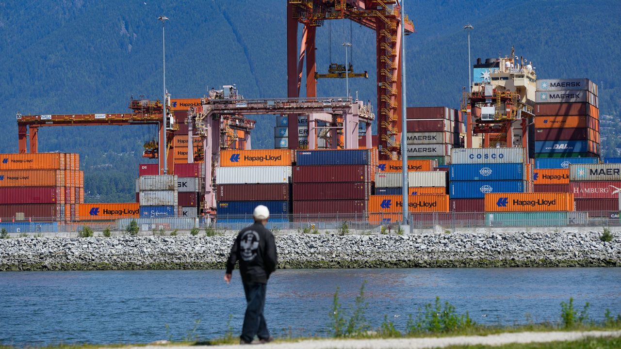 This photo taken at the Port of Vancouver shows cargo containers stacked at the Centerm container terminal, Vancouver, Canada, June 5, 2025. Canada's merchandise trade dropped in April with the trade deficit hitting a record high, Statistics Canada said Thursday. Exports dropped 10.8 percent while imports fell 3.5 percent. As a result, Canada's merchandise trade deficit with the world widened to 7.1 billion Canadian dollars 5.2 billion U.S. dollars in April. This was the largest deficit on record, said the national statistical agency.