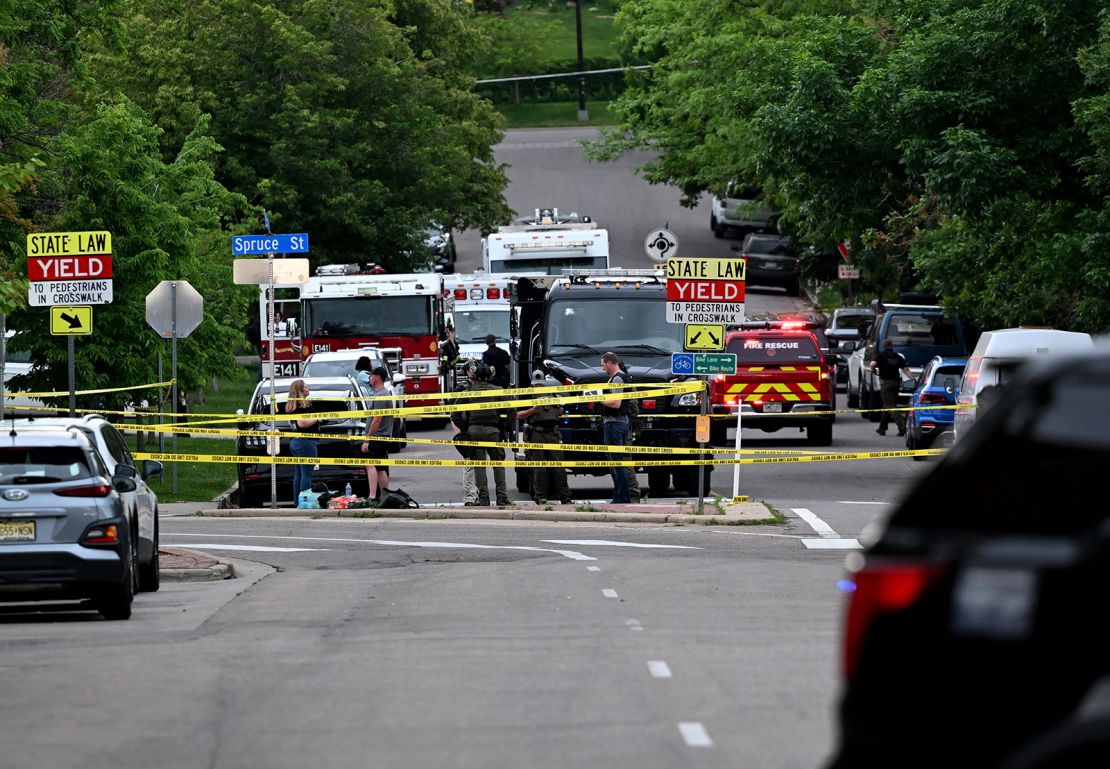 Law enforcement officials investigate an attack on the Pearl Street Mall in Boulder, Colorado on June 1, 2025.