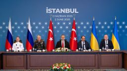 ISTANBUL, TURKEY - JUNE 2: (EDITOR’S NOTE: This Handout image was provided by a third-party organization and may not adhere to Getty Images’ editorial policy.) In this handout image provided by the Turkish Ministry of Foreign Affairs,  of Ukrainian and Russian delegations attend peace talks presided over by Turkish Foreign Minister Hakan Fidan (center) on June 2, 2025 at Ciragan Palace in Istanbul, Turkey. Fidan is flanked by Chief of Turkish General Staff General Metin Gürak (2nd from left) and head of Turkish Intelligence Ibrahim Kalin (2nd from right). Ukraine's President Volodymyr Zelensky said on Sunday he would send a delegation to Istanbul for a second round of peace negotiations with Russia, even as fighting escalates between the two sides. Also on Sunday, Ukraine struck Russian air bases in a series of bold drone attacks, after Russia launched a record number of drones against Ukraine overnight Saturday, in addition to a missile strike that killed 12 Ukrainian military personnel and injured 60 others. (Photo by Turkish Ministry of Foreign Affairs viaGetty Images)