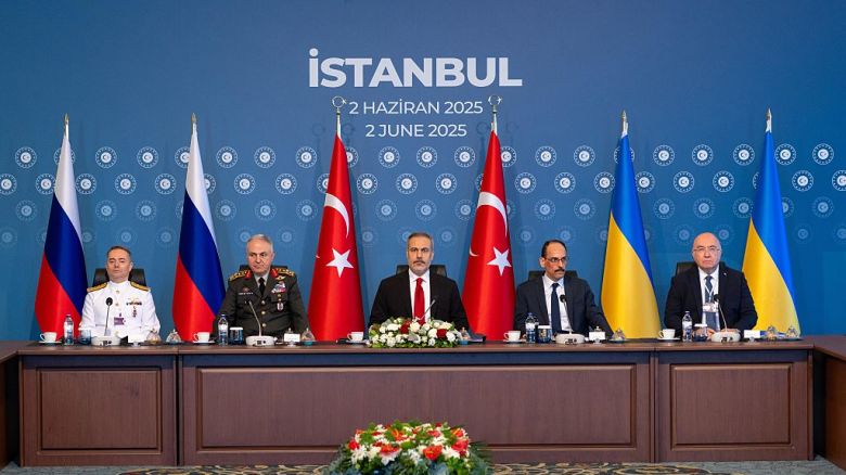 ISTANBUL, TURKEY - JUNE 2: (EDITOR’S NOTE: This Handout image was provided by a third-party organization and may not adhere to Getty Images’ editorial policy.) In this handout image provided by the Turkish Ministry of Foreign Affairs,  of Ukrainian and Russian delegations attend peace talks presided over by Turkish Foreign Minister Hakan Fidan (center) on June 2, 2025 at Ciragan Palace in Istanbul, Turkey. Fidan is flanked by Chief of Turkish General Staff General Metin Gürak (2nd from left) and head of Turkish Intelligence Ibrahim Kalin (2nd from right). Ukraine's President Volodymyr Zelensky said on Sunday he would send a delegation to Istanbul for a second round of peace negotiations with Russia, even as fighting escalates between the two sides. Also on Sunday, Ukraine struck Russian air bases in a series of bold drone attacks, after Russia launched a record number of drones against Ukraine overnight Saturday, in addition to a missile strike that killed 12 Ukrainian military personnel and injured 60 others. (Photo by Turkish Ministry of Foreign Affairs viaGetty Images)