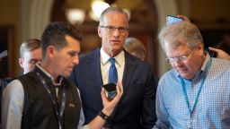 US Senate Majority Leader John Thune speaks to press after leaving the Senate Chambers in Washington, DC, on Monday.
