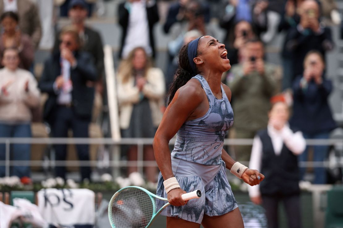 Coco Gauff celebrates after winning the French Open.
