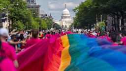 WASHINGTON, DC - JUNE 7: Activists with the Gilbert Baker Foundation carry a 1,000-foot Rainbow Flag along the parade route during the WorldPride 2025 Celebrations on June 7, 2025 in Washington, DC. This year Washington, DC is the host city for the annual WorldPride, a global celebration of the LGBTQ community. 2025 marks the 50th Anniversary of Pride celebrations in Washington, DC. (Photo by Kent Nishimura/Getty Images)