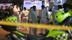 TOPSHOT - Forensic experts work at the crime scene where Senator Miguel Uribe Turbay was shot and wounded in the Modelia neighborhood in Bogota on June 7, 2025. A Colombian right-wing opposition senator and candidate for next year's presidential election, Miguel Uribe Turbay, 39, was shot and wounded in Bogota on June 7, 2025, various media reported, while the government denounced an "attack." (Photo by RAUL ARBOLEDA / AFP) (Photo by RAUL ARBOLEDA/AFP via Getty Images)          