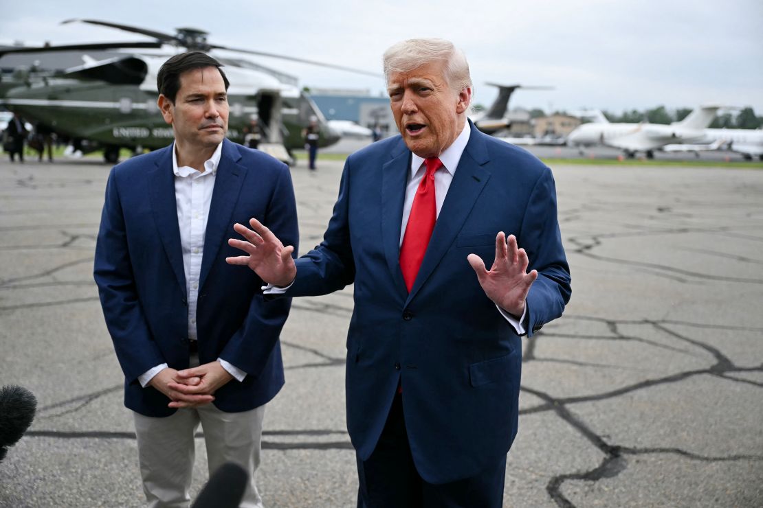 President Donald Trump, joined by Secretary of State Marco Rubio, talks to reporters in Morristown, New Jersey, on June 8, 2025.