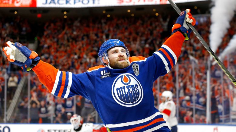 Leon Draisaitl of the Edmonton Oilers celebrates after scoring the game-winning goal to beat the Florida Panthers 4-3 during overtime in Game One of the 2025 Stanley Cup Final at Rogers Place in Edmonton, Alberta, Canada, on Wednesday, June 4, 2025.