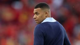 Kylian Mbappe warms up prior to the UEFA Nations League 2025 semifinal match between Spain and France at Stuttgart Arena in Stuttgart, Germany on June 5, 2025.