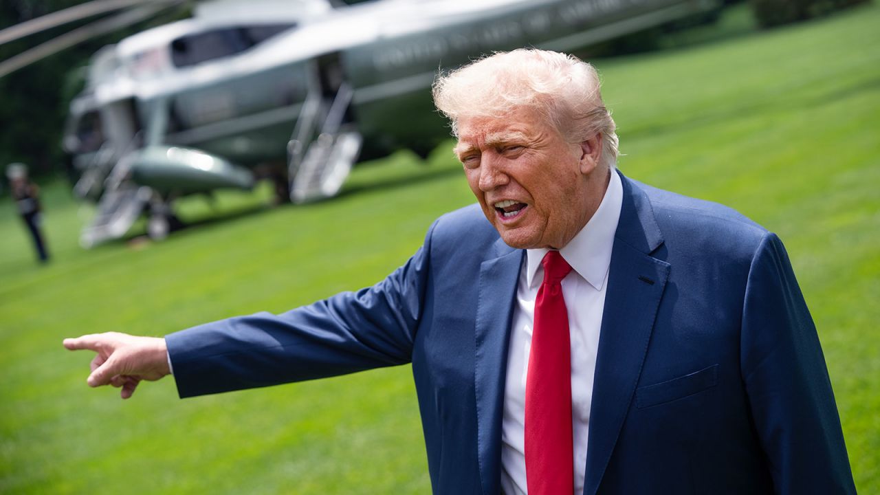 President Donald Trump talks with reporters upon arriving to South Lawn of the White House from Camp David on Monday, June 9, 2025.