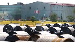 Steel coils are seen in a yard at ArcelorMittal Dofasco's steel mill on June 9, 2025 in Hamilton, Canada.