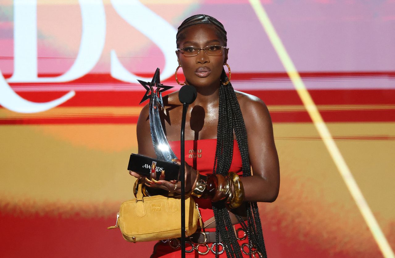 Winner of Best Female Hip Hop Artist US rapper singer Doechii speaks on stage during the 2025 BET Awards at the Peacock Theatre in Los Angeles on Monday.