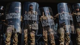 National Guardsmen stand outside of the Edward Roybal Federal Building in downtown Los Angeles, California on June 9, 2025.