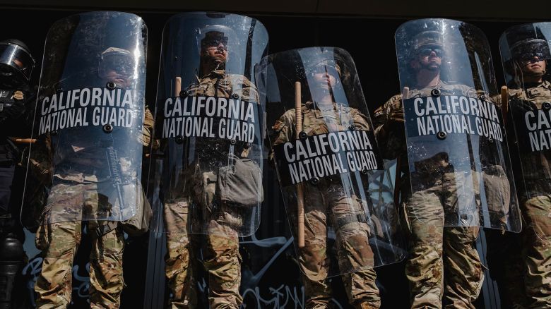 National Guardsmen stand outside of the Edward Roybal Federal Building in Downtown Los Angeles, California on June 9, 2025.