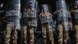 LOS ANGELES, CALIFORNIA - JUNE 09: National Guardsmen stand outside of the Edward Roybal Federal Building on June 9, 2025 in Downtown Los Angeles, California. Tensions in the city remain high after the Trump istration called in the National Guard against the wishes of city leaders. (Photo by Jim Vondruska/Getty Images)