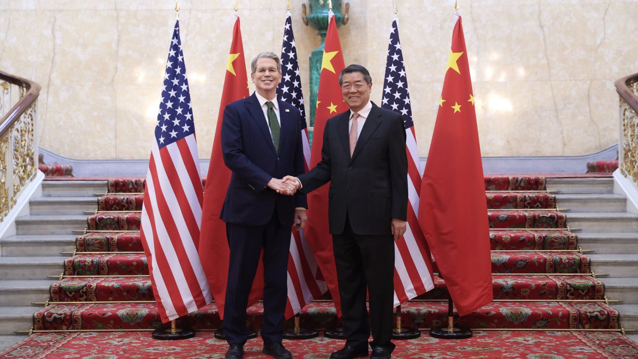 Chinese Vice Premier He Lifeng, also a member of the Political Bureau of the Communist Party of China Central Committee, shakes hands with U.S. Treasury Secretary Scott Bessent prior to the first meeting of the China-U.S. economic and trade consultation mechanism in London, Britain, June 9, 2025. The meeting opened here on Monday. He Lifeng attended the meeting with U.S. representatives. (Photo by Li Ying/Xinhua via Getty Images)