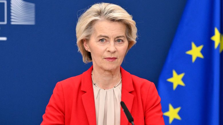 European Commission President Ursula Von der Leyen looks on during a press conference on the 18th package of sanctions against Russia at the EU headquarters in Brussels on June 10, 2025. (Photo by Nicolas TUCAT / AFP) (Photo by NICOLAS TUCAT/AFP via Getty Images)          