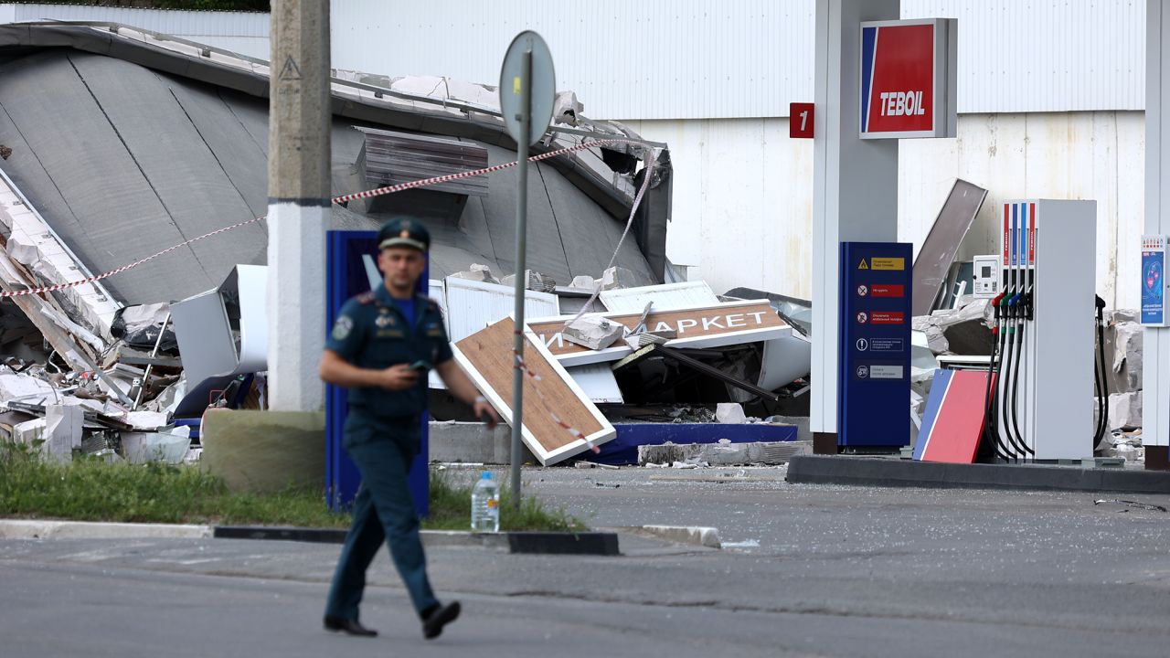 BELGOROD, RUSSIA - JUNE 10 : Emergency services operate at the area where at least one person was killed and three others were injured in a Ukrainian drone strike on a gas station in Belgorod, Russia, Governor Vyacheslav Gladkov reported on Tuesday, June 10, 2025. The body of a woman was retrieved from under the rubble and the injured individuals were transported to hospitals. (Photo by Emil Leegunov/Anadolu via Getty Images)