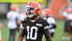 Quinshon Judkins #10 of the Cleveland Browns looks on during Cleveland Browns mandatory minicamp at CrossCountry Mortgage Campus on June 10, 2025 in Berea, Ohio.