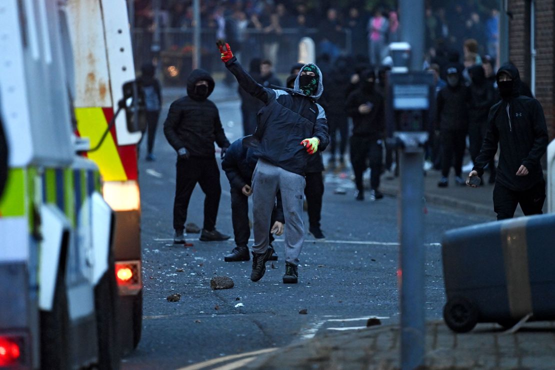 Protesters throw projectiles and start fires as unrest continues on June 10, 2025 in Ballymena, Northern Ireland.
