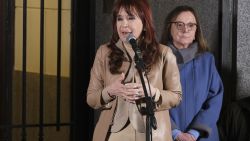 Argentina's former President Cristina Fernandez de Kirchner speaks to ers next to Senator Alicia Kirchner at the Partido Justicialista headquarters in Buenos Aires on June 10, 2025. Argentina's Supreme Court on June 10, 2025, upheld the fraud conviction of ex-president Cristina Kirchner, for which she received a six-year prison sentence and was banned from holding public office for life. (Photo by Alessia MACCIONI / AFP) (Photo by ALESSIA MACCIONI/AFP via Getty Images)          