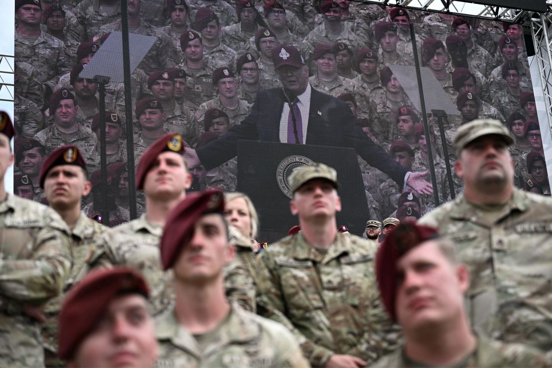 President Donald Trump speaks at Fort Bragg near Fayetteville, North Carolina, Tuesday, June 10, 2025.