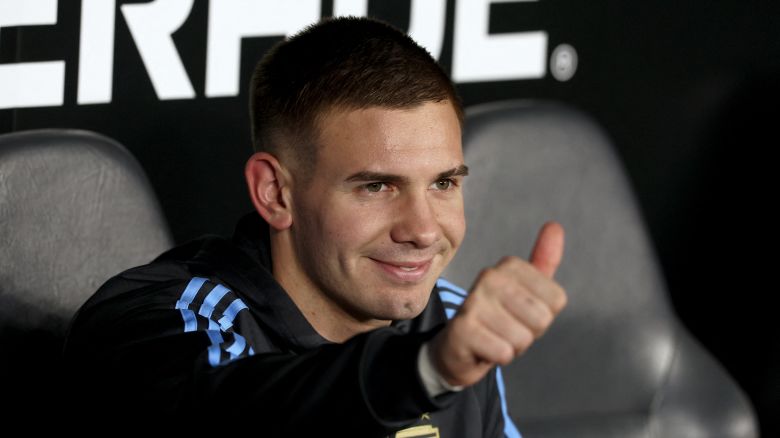 Argentina's forward #20 Franco Mastantuono greets during the 2026 FIFA World Cup South American qualifiers football match between Argentina and Colombia at the Mas Monumental stadium in Buenos Aires, on June 10, 2025. (Photo by ALEJANDRO PAGNI / AFP) (Photo by ALEJANDRO PAGNI/AFP via Getty Images)          