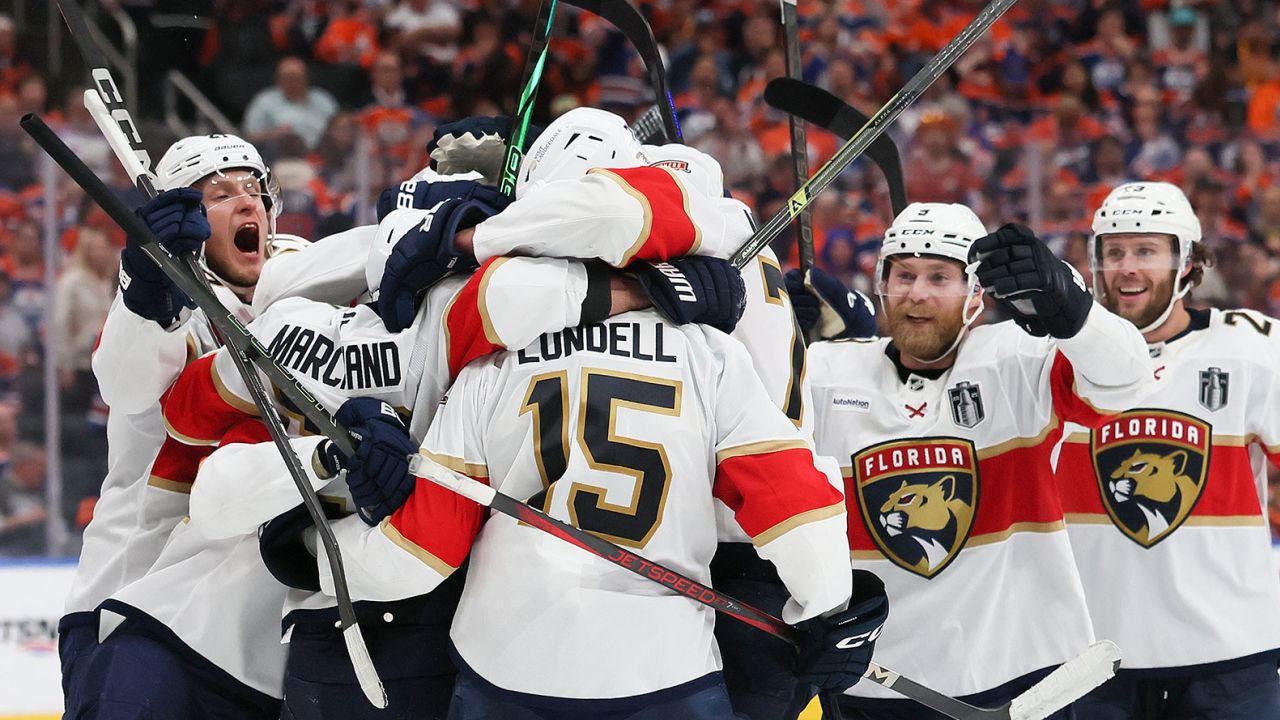 The Florida Panthers celebrate after Brad Marchand of the Florida Panthers scored against the Edmonton Oilers during the second overtime period in Game Two of the 2025 Stanley Cup Final in Edmonton, Alberta, Canada, on June 6, 2025.