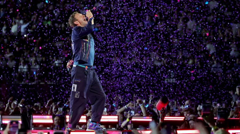 Chris Martin of Coldplay performs on a stop of the band's Music of the Spheres world tour at Allegiant Stadium on June 6 in Las Vegas, Nevada.