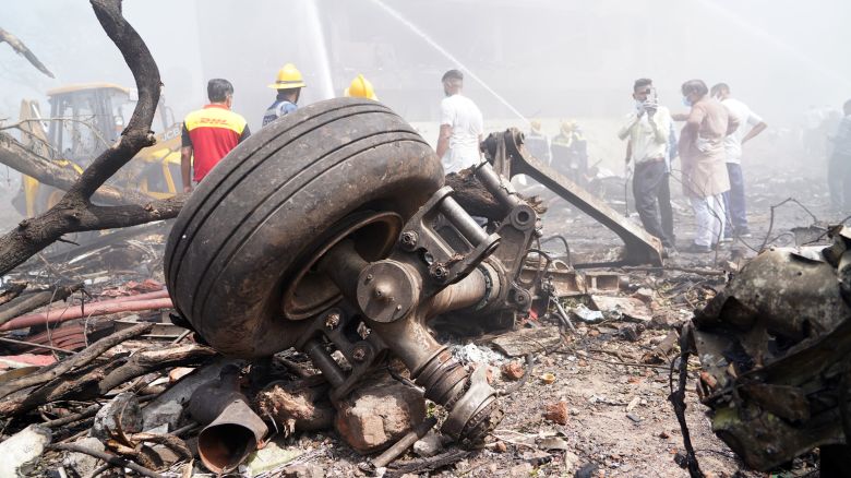 Aircraft landing gear at the crash site of Air India Ltd. flight AI171 in Ahmedabad, Gujarat, India, on Thursday, June 12, 2025. An Air India Boeing 787 Dreamliner traveling from Ahmedabad to London's Gatwick airport crashed shortly after taking off, in what stands to be the most serious accident involving the US planemaker's most advanced widebody airliner. Photographer: Siddharaj Solanki/Bloomberg via Getty Images