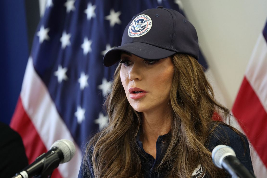 Homeland Security Secretary Kristi Noem speaks during a news conference at the Wilshire Federal Building in Los Angeles on Thursday.