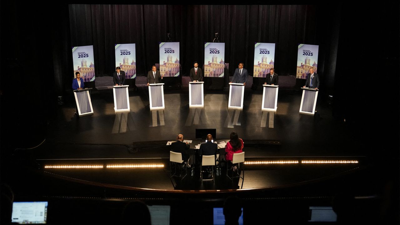 Democratic mayoral candidates (L/R) City Council Speaker Adrienne Adams, former Gov. Andrew Cuomo, city Comptroller Brad Lander, state Assemblymember Zohran Mamdani, state Sen. Zellnor Myrie, former city Comptroller Scott Stringer and former hedge fund manager Whitney Tilson participate in the New York City Democratic Mayoral Primary Debate at the John Jay College of Criminal Justice in the Gerald W. Lynch Theater on June 12, 2025 in New York City. Seven candidates will be participating in the final debate before the Democratic primary election for mayor.