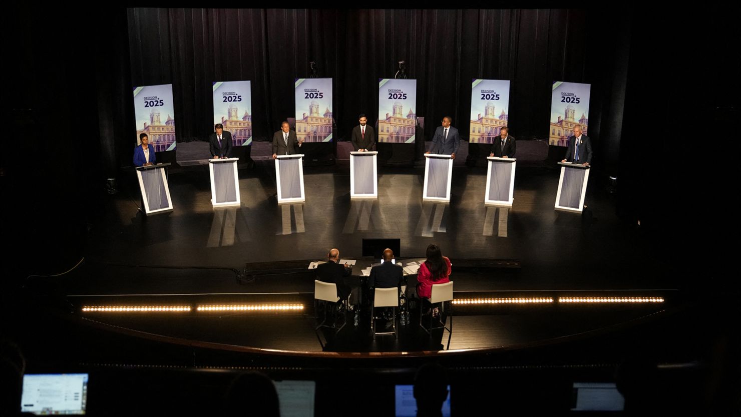 Democratic mayoral candidates (L/R) City Council Speaker Adrienne Adams, former Gov. Andrew Cuomo, city Comptroller Brad Lander, state Assemblymember Zohran Mamdani, state Sen. Zellnor Myrie, former city Comptroller Scott Stringer and former hedge fund manager Whitney Tilson participate in the New York City Democratic Mayoral Primary Debate at the John Jay College of Criminal Justice in the Gerald W. Lynch Theater on June 12, 2025 in New York City.