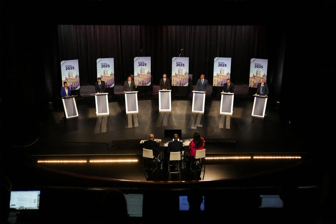 Democratic mayoral candidates (L/R) City Council Speaker Adrienne Adams, former Gov. Andrew Cuomo, city Comptroller Brad Lander, state Assemblymember Zohran Mamdani, state Sen. Zellnor Myrie, former city Comptroller Scott Stringer and former hedge fund manager Whitney Tilson participate in the New York City Democratic Mayoral Primary Debate at the John Jay College of Criminal Justice in the Gerald W. Lynch Theater on June 12, 2025 in New York City.