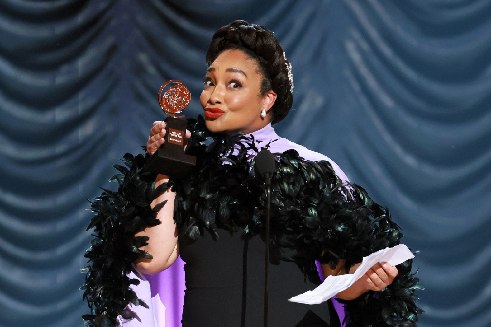 Natalie Venetia Belcon accepts the award for best performance by an actress in a featured role in a musical for "Buena Vista Social Club." It was her first Tony nomination and win.