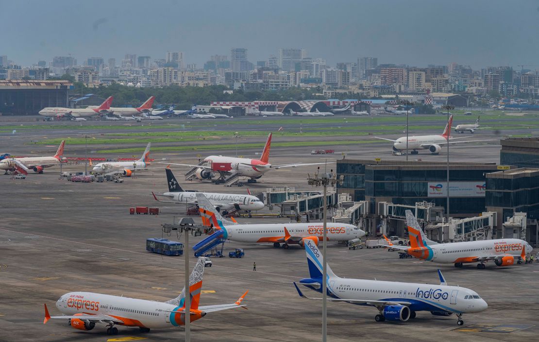 View of Airplanes standing at Mumbai Airport on June 13, 2025, in Mumbai, India. Many flights were canceled or diverted following Israeli attack on Iran and the subsequent closure of Iranian airspace.